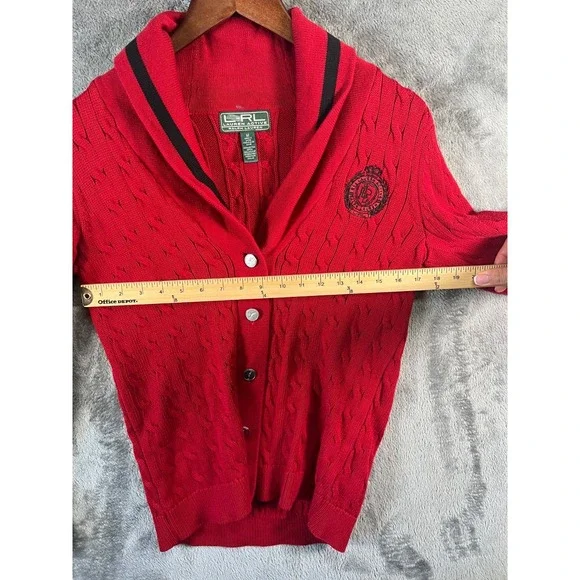 Lauren Ralph Lauren Active Cardigan Sweater Womens Medium Red Crest Cable Knit - Picture 10 of 11